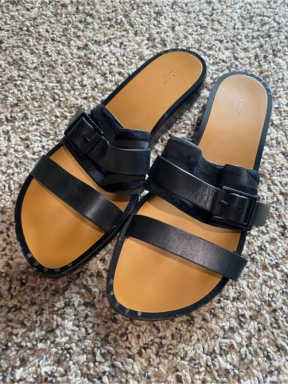Rag & Bone Arley buckled calf hair suede leather slides sandal summer beach 9.5